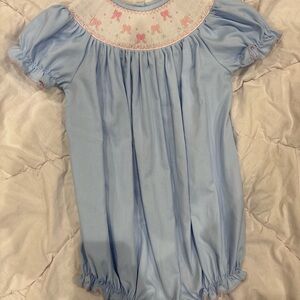 Light Blue Bubble with pink bows on white smocking